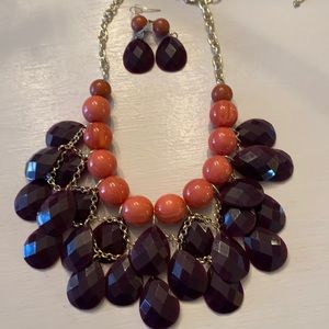 Plum and peach bib necklace with matching earrings
